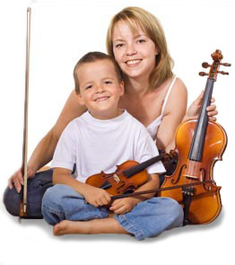 Musikunterricht Allegro Düsseldorf - Musikschülerin mit Geige und Musikschulkind mit Geige.